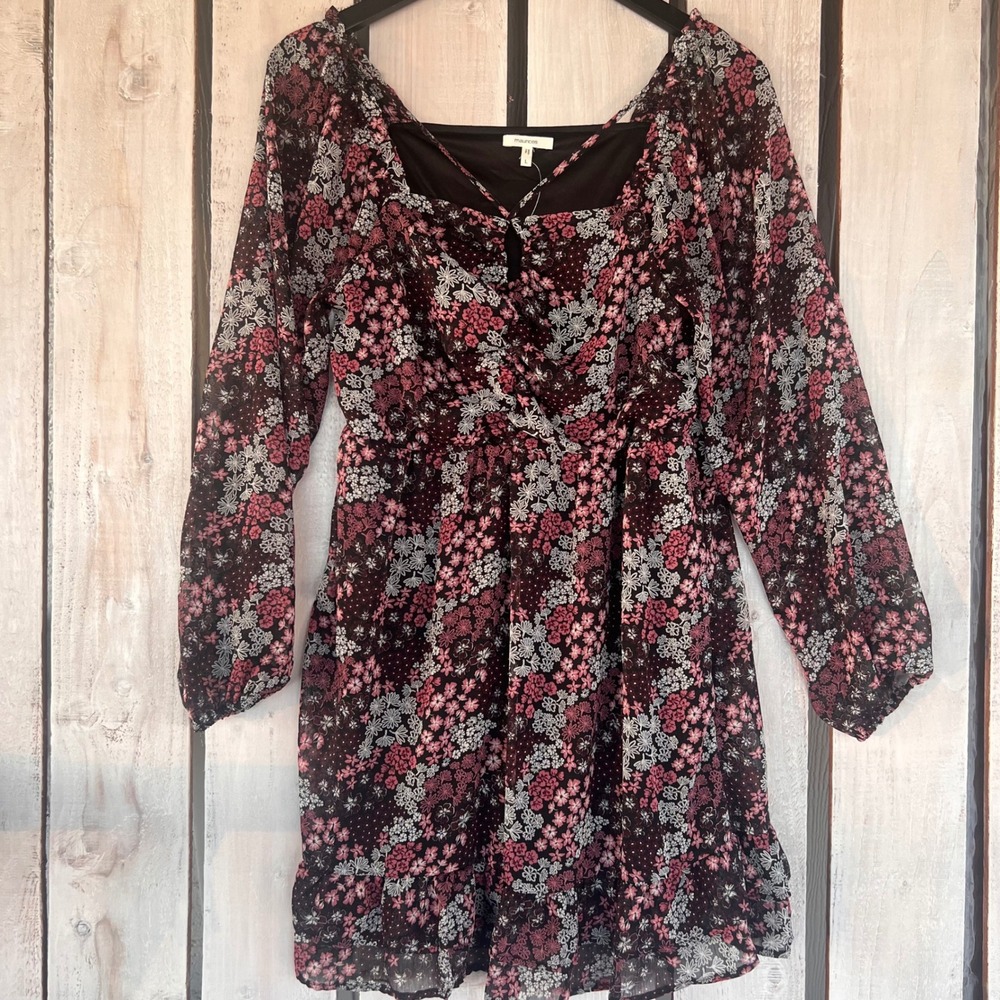 Maurices Floral Mini Dress Womens Large Pink Black Good Ruffle Long Sleeve